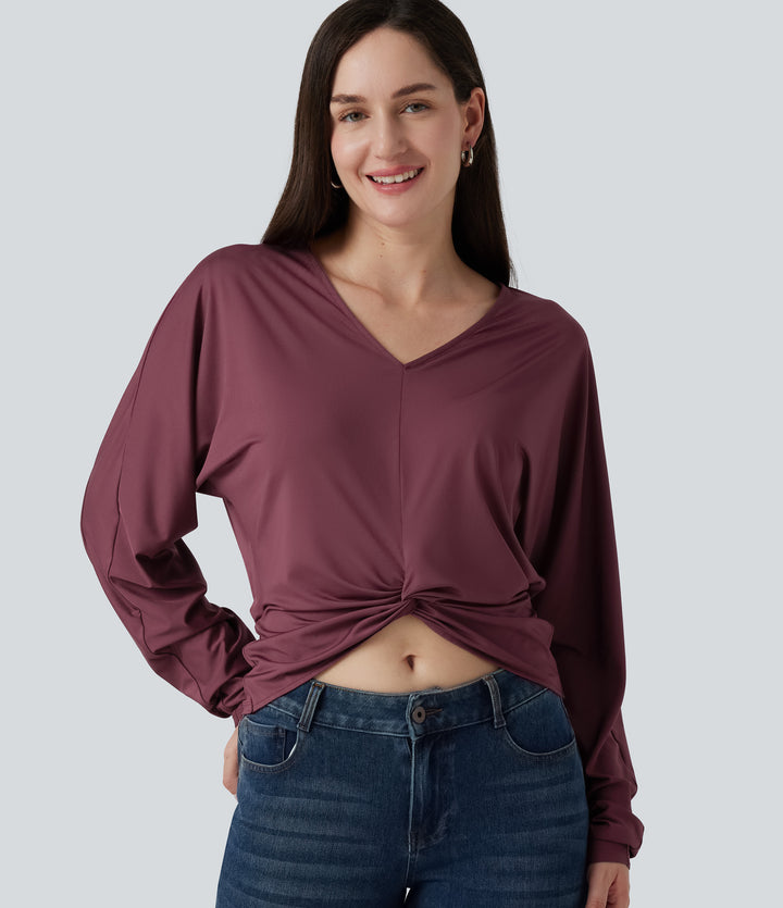 V Neck Batwing Long Sleeve Twisted Casual Top — Tawny Port — view 1