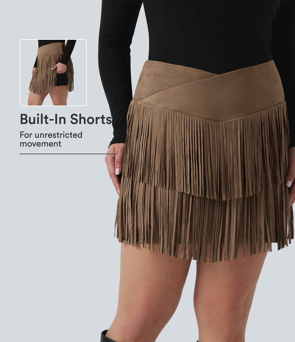 Plus Size High Waisted Crossover 2-in-1 Fringe Bodycon Suede Mini Party Skirt — Coca Mocha — view 1