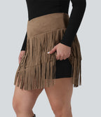 Plus Size High Waisted Crossover 2-in-1 Fringe Bodycon Suede Mini Party Skirt — Coca Mocha — view 5