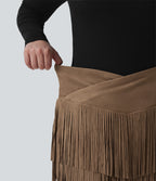 Plus Size High Waisted Crossover 2-in-1 Fringe Bodycon Suede Mini Party Skirt — Coca Mocha — view 6