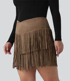 Plus Size High Waisted Crossover 2-in-1 Fringe Bodycon Suede Mini Party Skirt — Coca Mocha — view 3