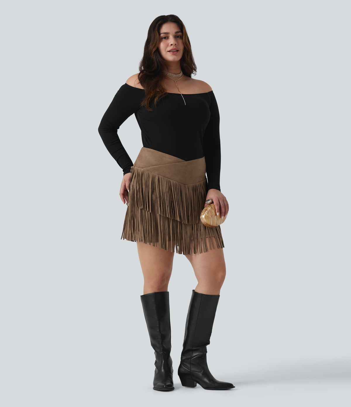 Plus Size High Waisted Crossover 2-in-1 Fringe Bodycon Suede Mini Party Skirt — Coca Mocha — view 7
