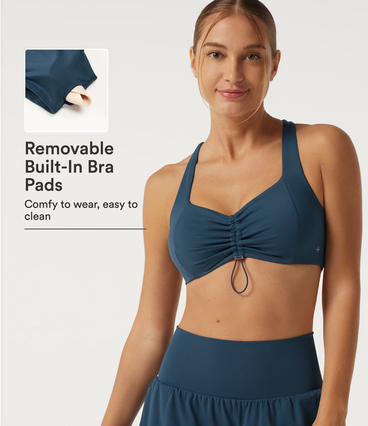 Airy Light Support Sweetheart Neck Ruched Built-in Bra InstantCool Yoga Sports Top — Majolica Blue — view 1