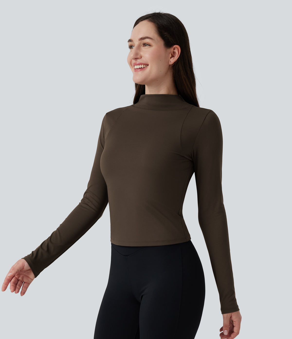 Airy Mock Neck Long Sleeve InstantCool Yoga Sports Top — Chocolate Martini — view 3