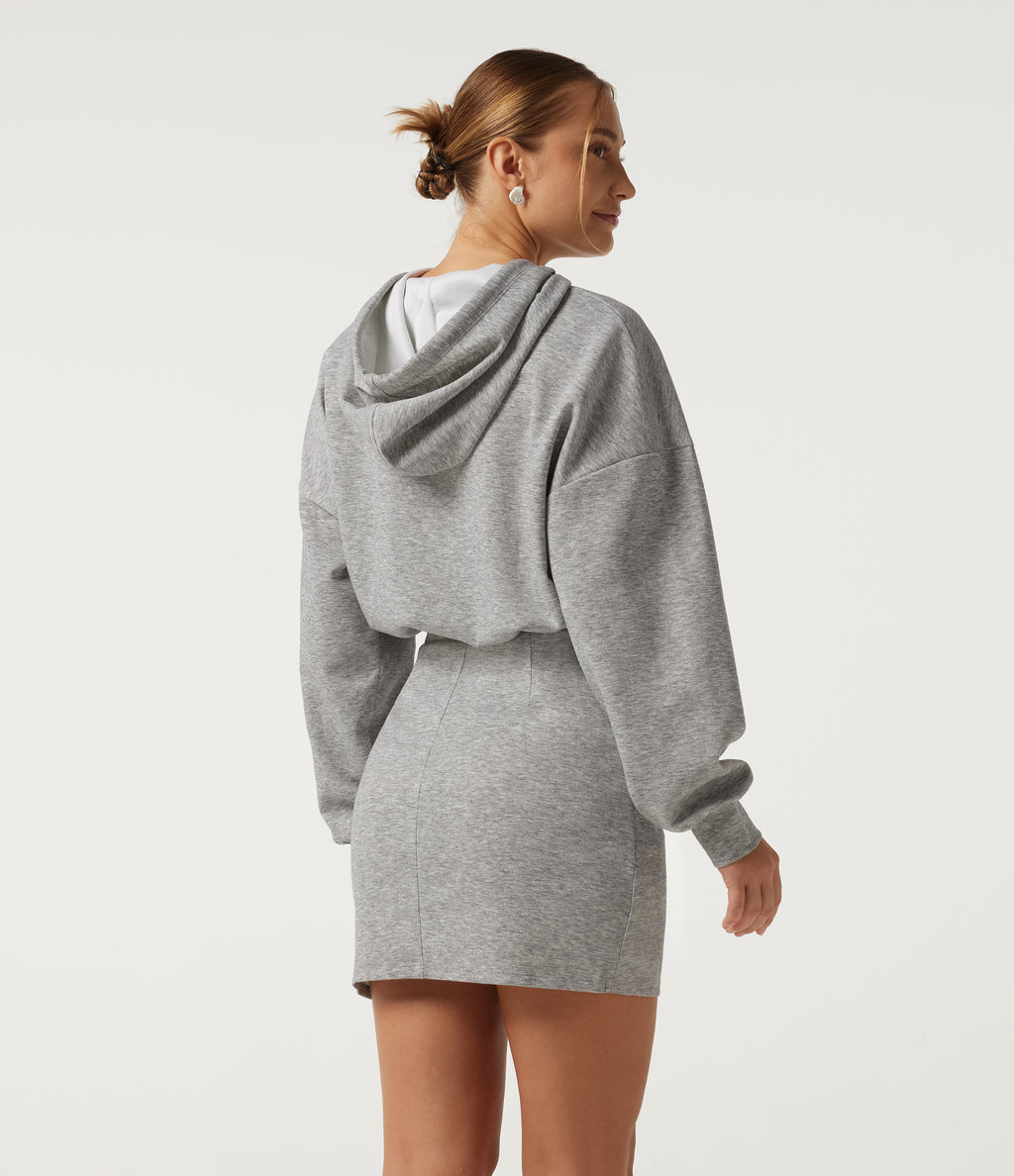 Hooded Long Sleeve Ruched Curved Hem Mini Casual Dress — Fog Gray — view 2