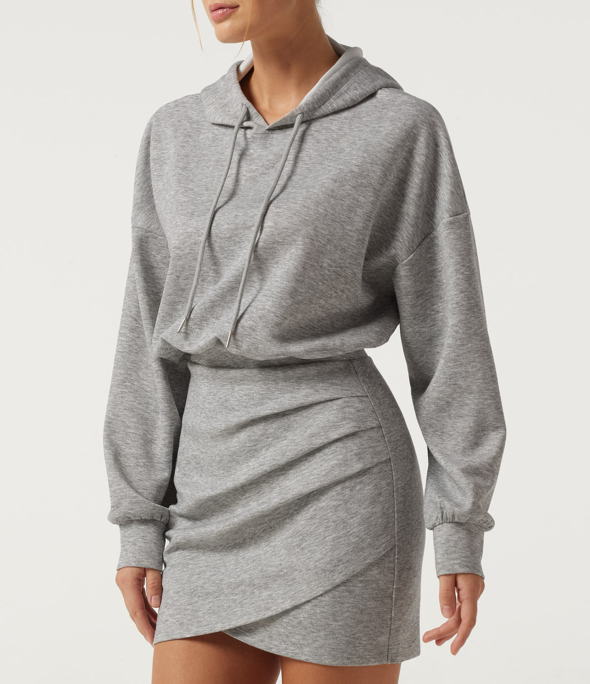 Hooded Long Sleeve Ruched Curved Hem Mini Casual Dress — Fog Gray — view 5
