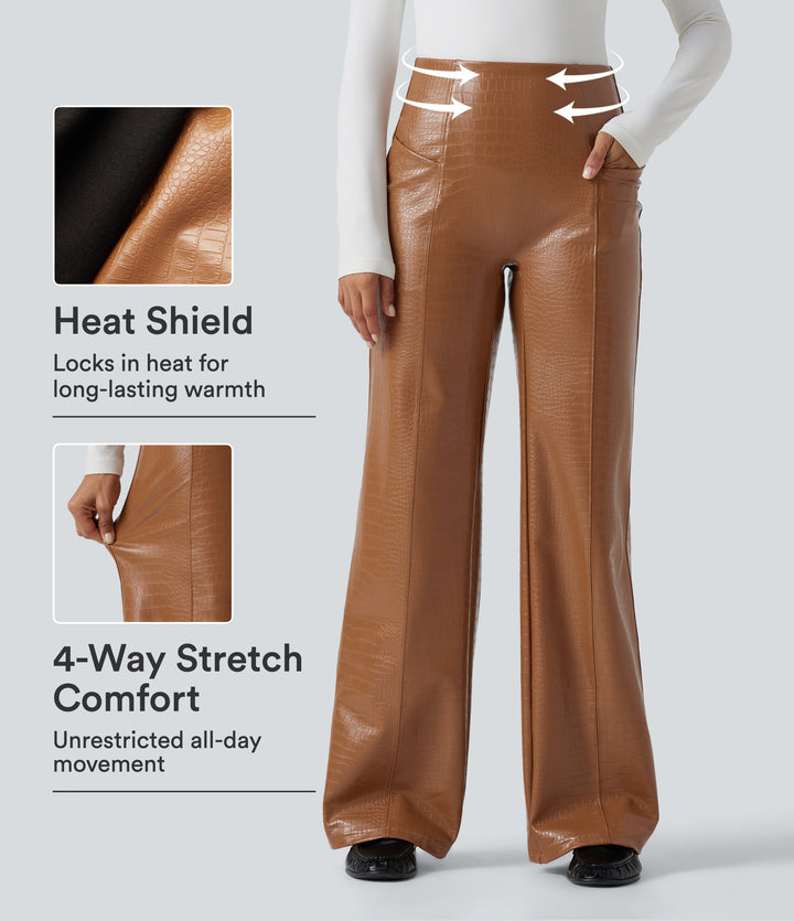 High Waisted Tummy Control Snakeskin Print Stretchy PU Fleece Flare Casual Trousers with Pockets — Sleek Caramel — view 1