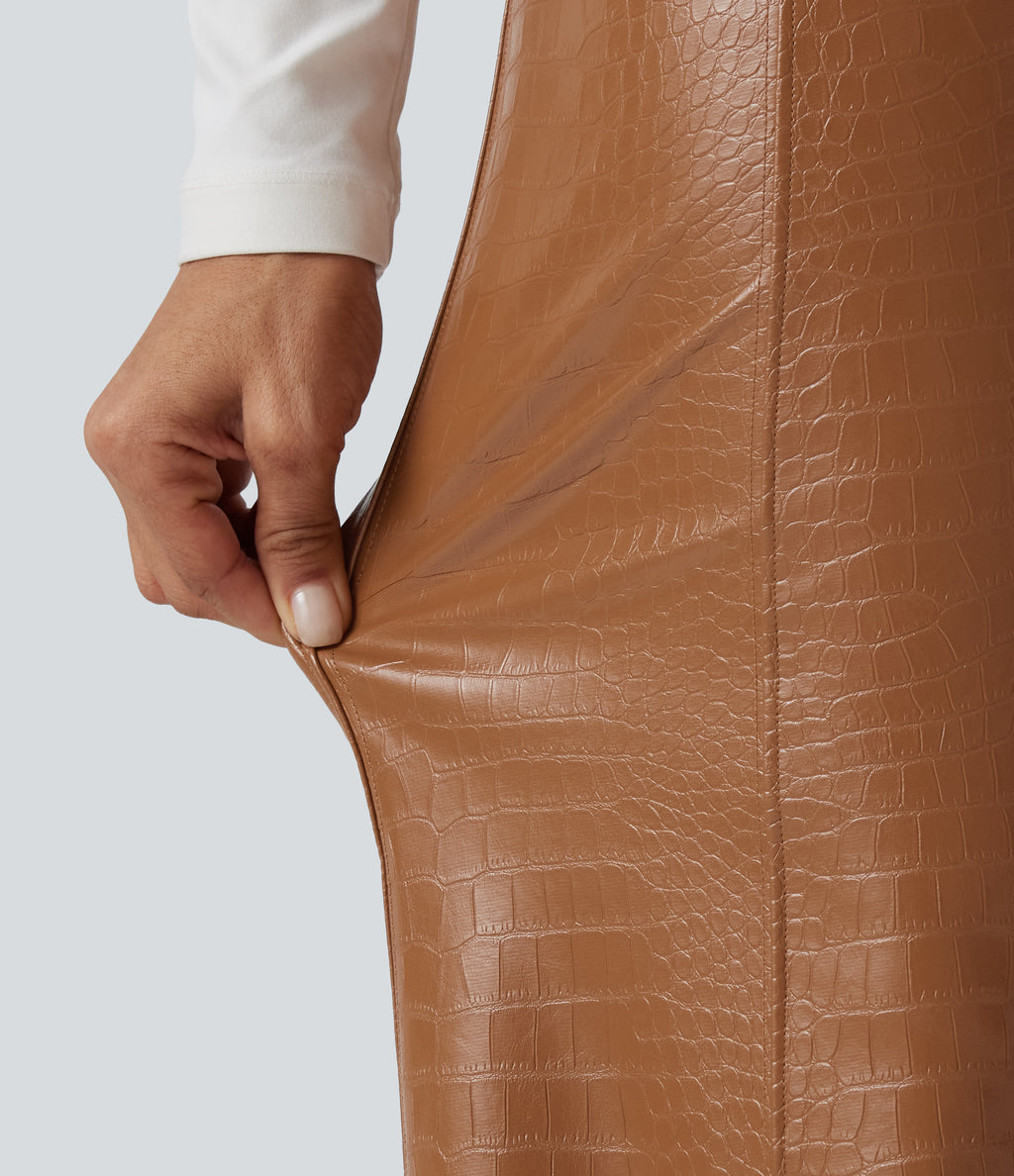 High Waisted Tummy Control Snakeskin Print Stretchy PU Fleece Flare Casual Trousers with Pockets — Sleek Caramel — view 6