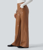 High Waisted Tummy Control Snakeskin Print Stretchy PU Fleece Flare Casual Trousers with Pockets — Sleek Caramel — view 3