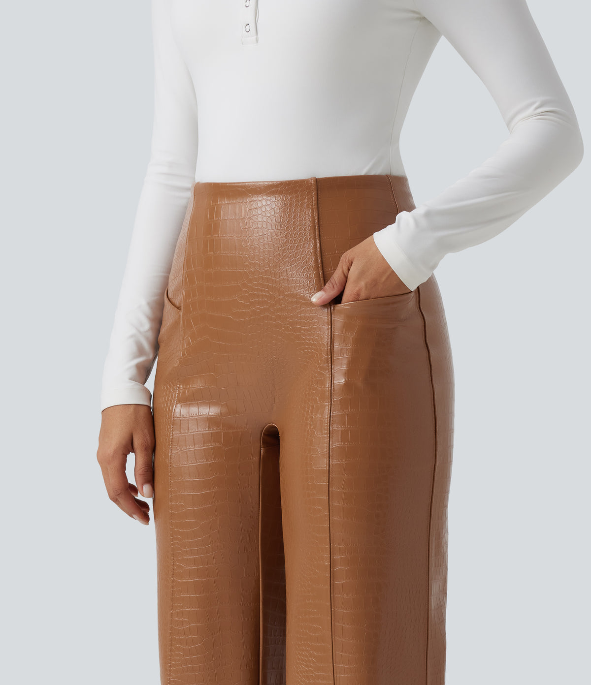 High Waisted Tummy Control Snakeskin Print Stretchy PU Fleece Flare Casual Trousers with Pockets — Sleek Caramel — view 5