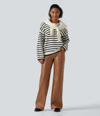 High Waisted Tummy Control Snakeskin Print Stretchy PU Fleece Flare Casual Trousers with Pockets — Sleek Caramel — view 7