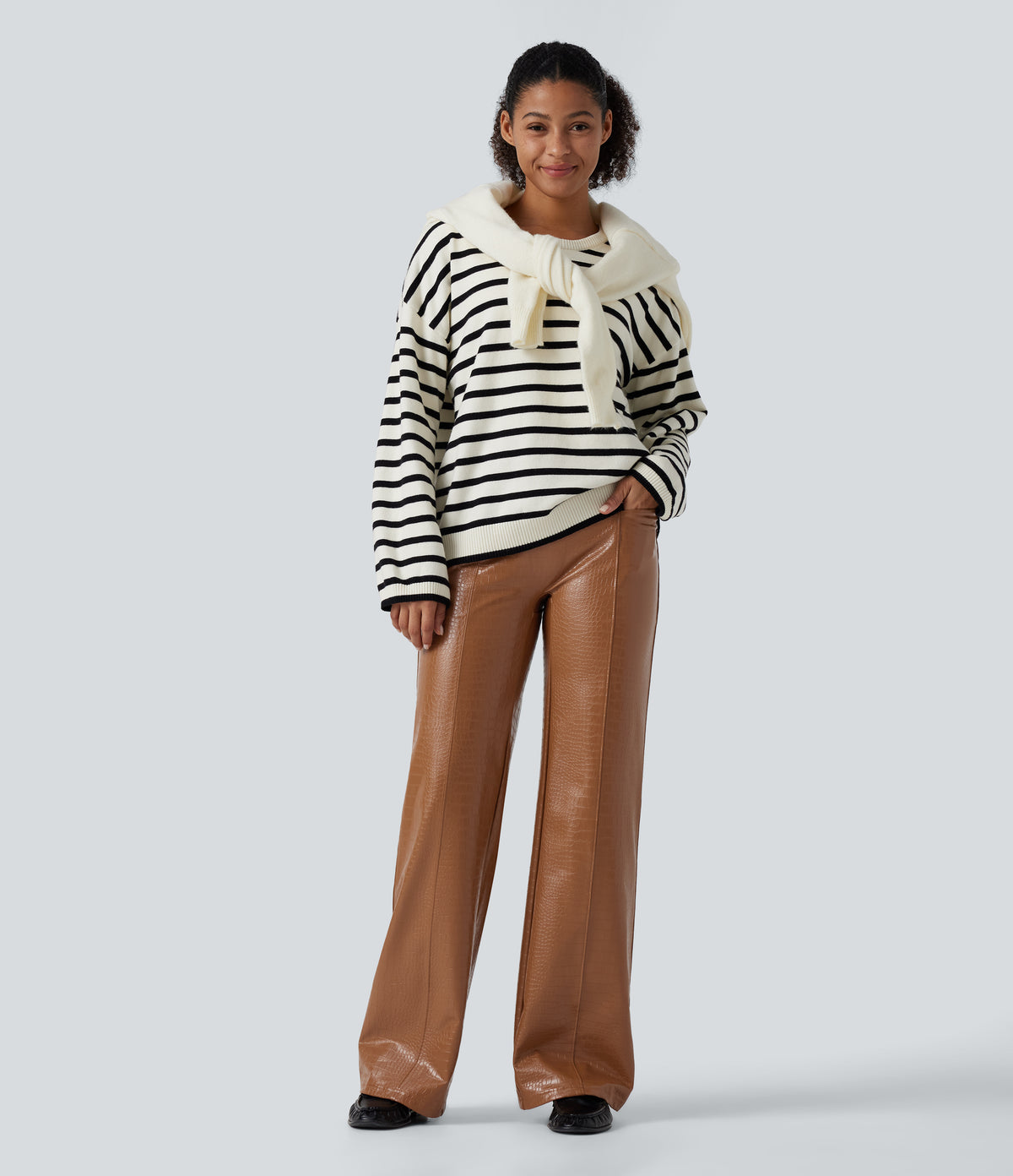 High Waisted Tummy Control Snakeskin Print Stretchy PU Fleece Flare Casual Trousers with Pockets — Sleek Caramel — view 7