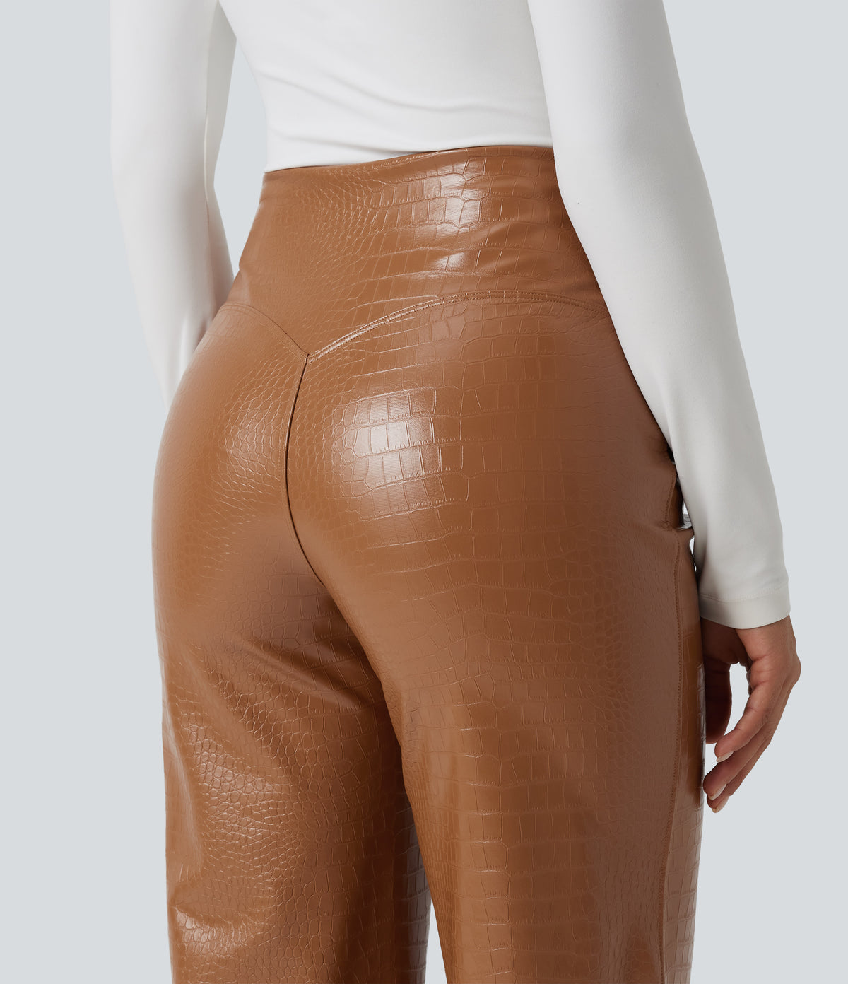 High Waisted Tummy Control Snakeskin Print Stretchy PU Fleece Flare Casual Trousers with Pockets — Sleek Caramel — view 4