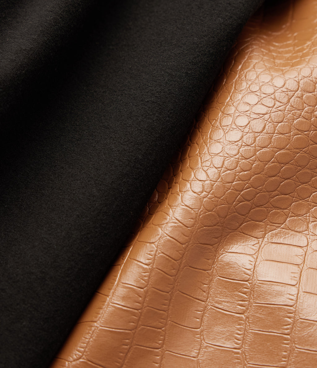 High Waisted Tummy Control Snakeskin Print Stretchy PU Fleece Flare Casual Trousers with Pockets — Sleek Caramel — view 8