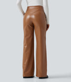 High Waisted Tummy Control Snakeskin Print Stretchy PU Fleece Flare Casual Trousers with Pockets — Sleek Caramel — view 2