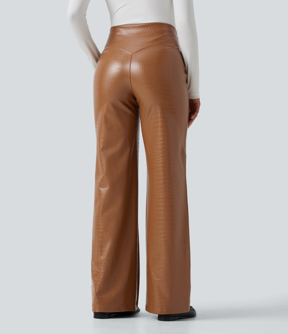 High Waisted Tummy Control Snakeskin Print Stretchy PU Fleece Flare Casual Trousers with Pockets — Sleek Caramel — view 2