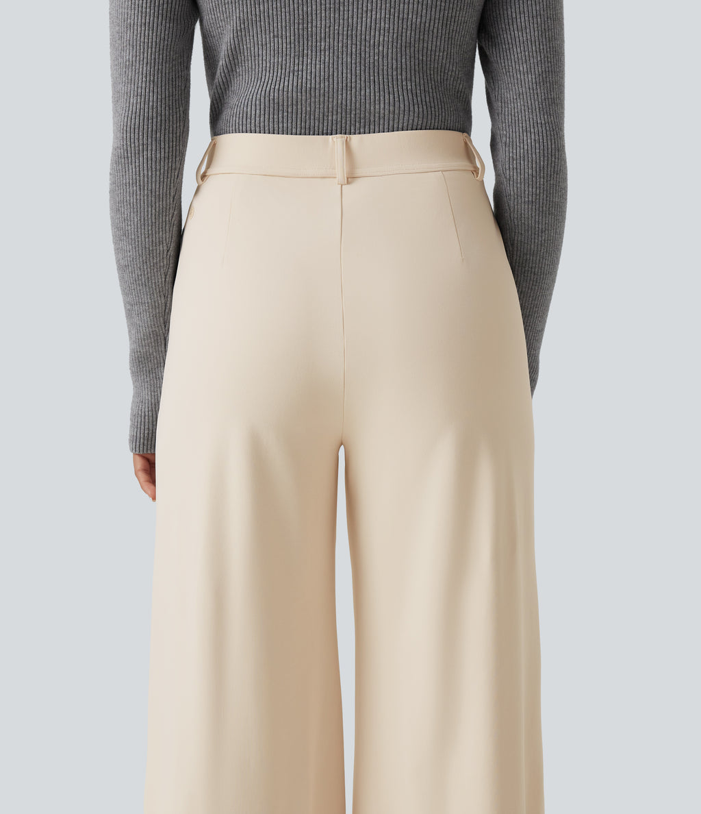 Wrinkle Recovery High Waisted Straight Leg Work Trousers with Pockets — Oat Milk — view 5