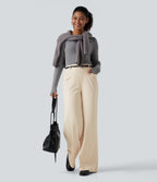 Wrinkle Recovery High Waisted Straight Leg Work Trousers with Pockets — Oat Milk — view 6