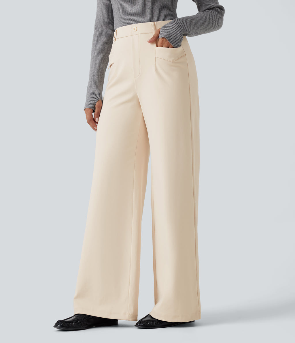 Wrinkle Recovery High Waisted Straight Leg Work Trousers with Pockets — Oat Milk — view 3