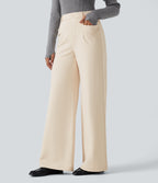 Wrinkle Recovery High Waisted Straight Leg Work Trousers with Pockets — Oat Milk — view 3