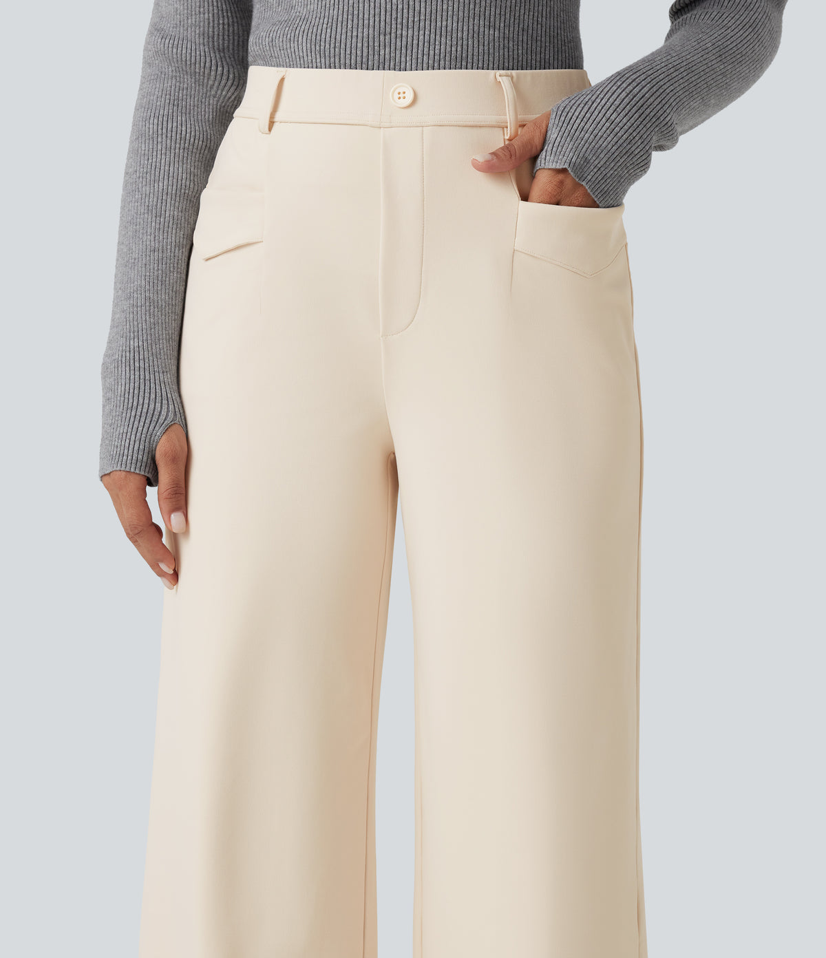 Wrinkle Recovery High Waisted Straight Leg Work Trousers with Pockets — Oat Milk — view 4