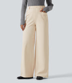 Wrinkle Recovery High Waisted Straight Leg Work Trousers with Pockets — Oat Milk — view 1