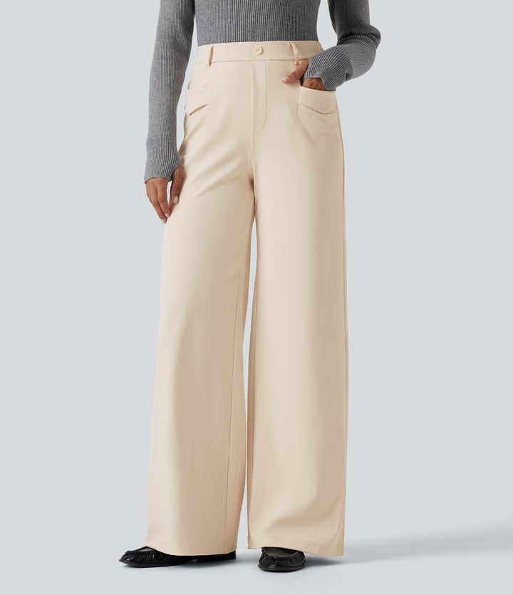Wrinkle Recovery High Waisted Straight Leg Work Trousers with Pockets — Oat Milk — view 1