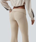 Ribbed Knit Low Rise Foldover Flare Casual Trousers with Pockets — Fog — view 6