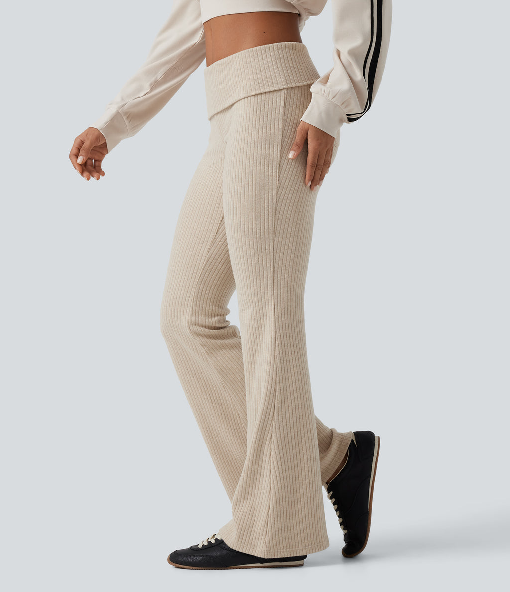 Ribbed Knit Low Rise Foldover Flare Casual Trousers with Pockets — Fog — view 3