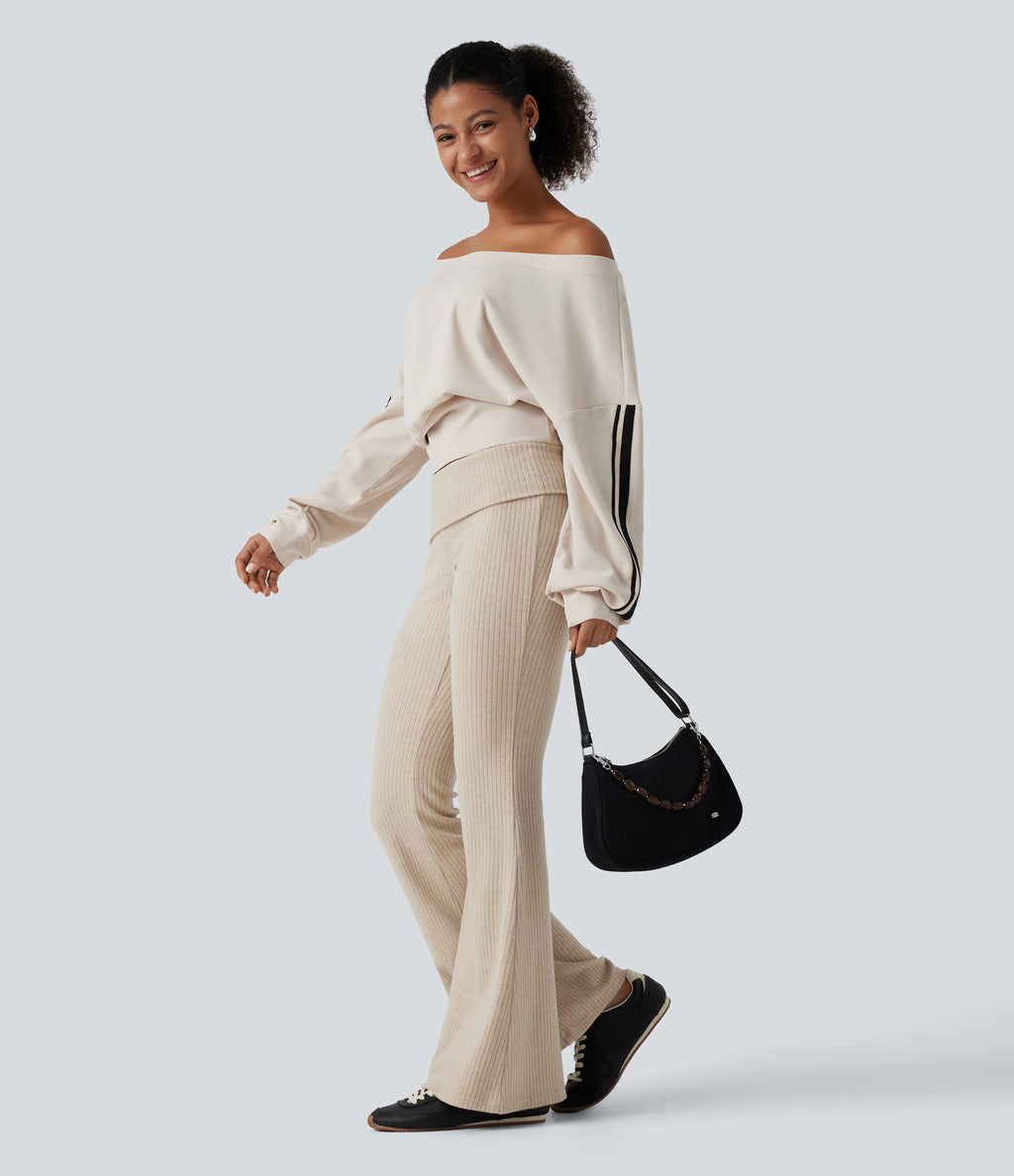 Ribbed Knit Low Rise Foldover Flare Casual Trousers with Pockets — Fog — view 7