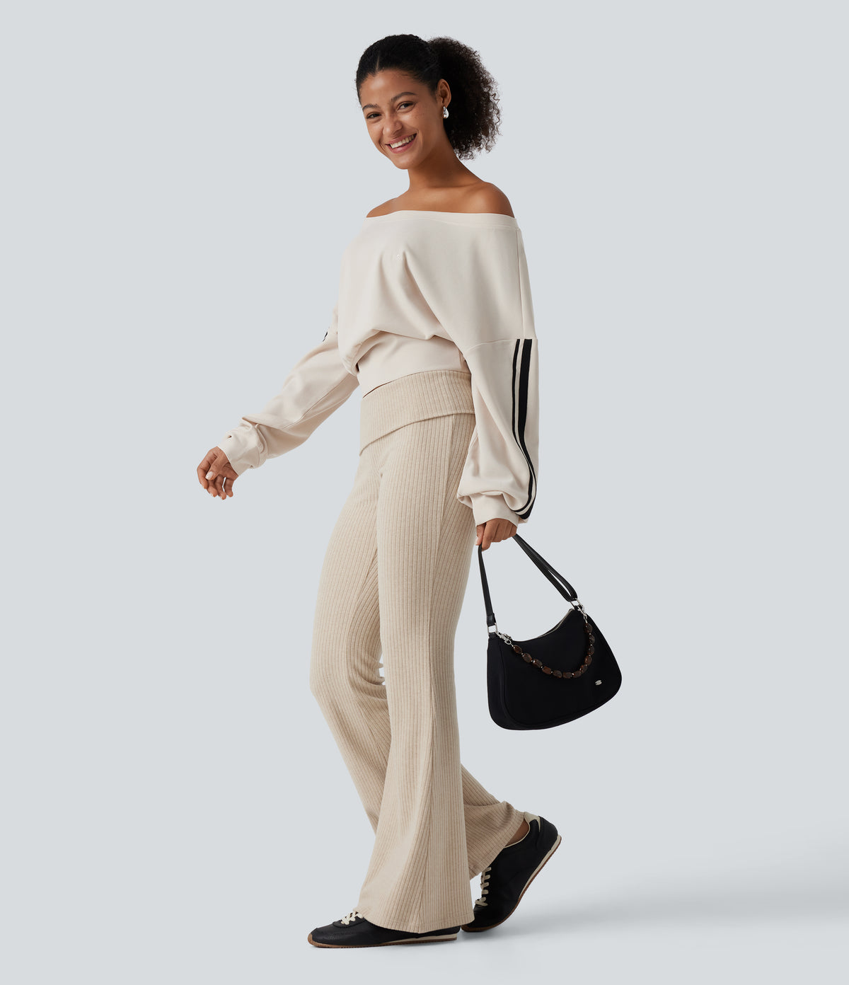 Ribbed Knit Low Rise Foldover Flare Casual Trousers with Pockets — Fog — view 7