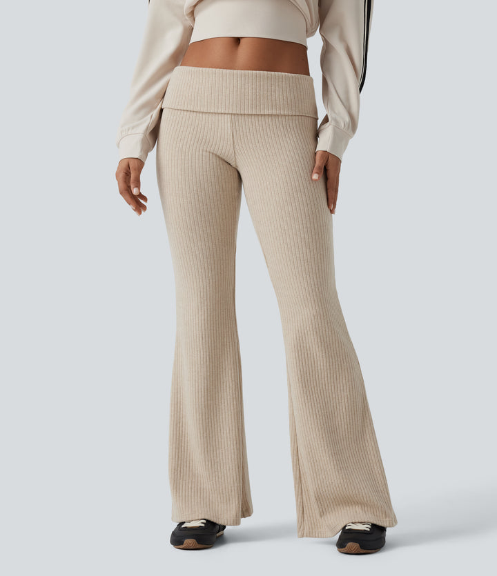 Ribbed Knit Low Rise Foldover Flare Casual Trousers with Pockets — Fog — view 1