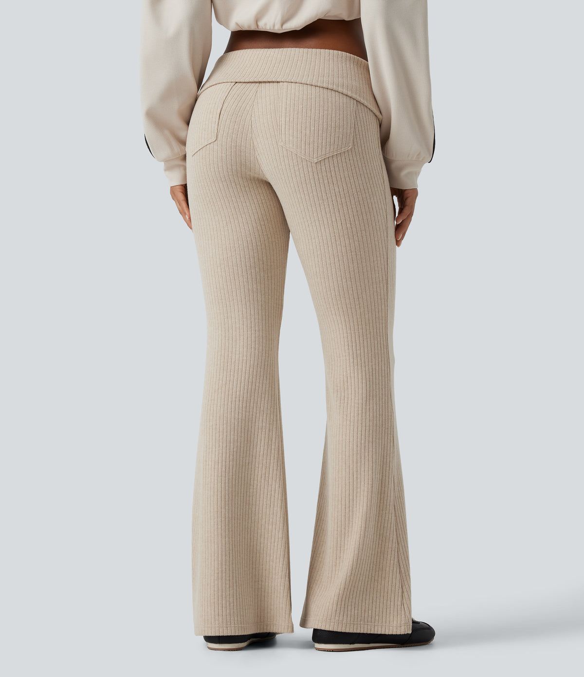 Ribbed Knit Low Rise Foldover Flare Casual Trousers with Pockets — Fog — view 2