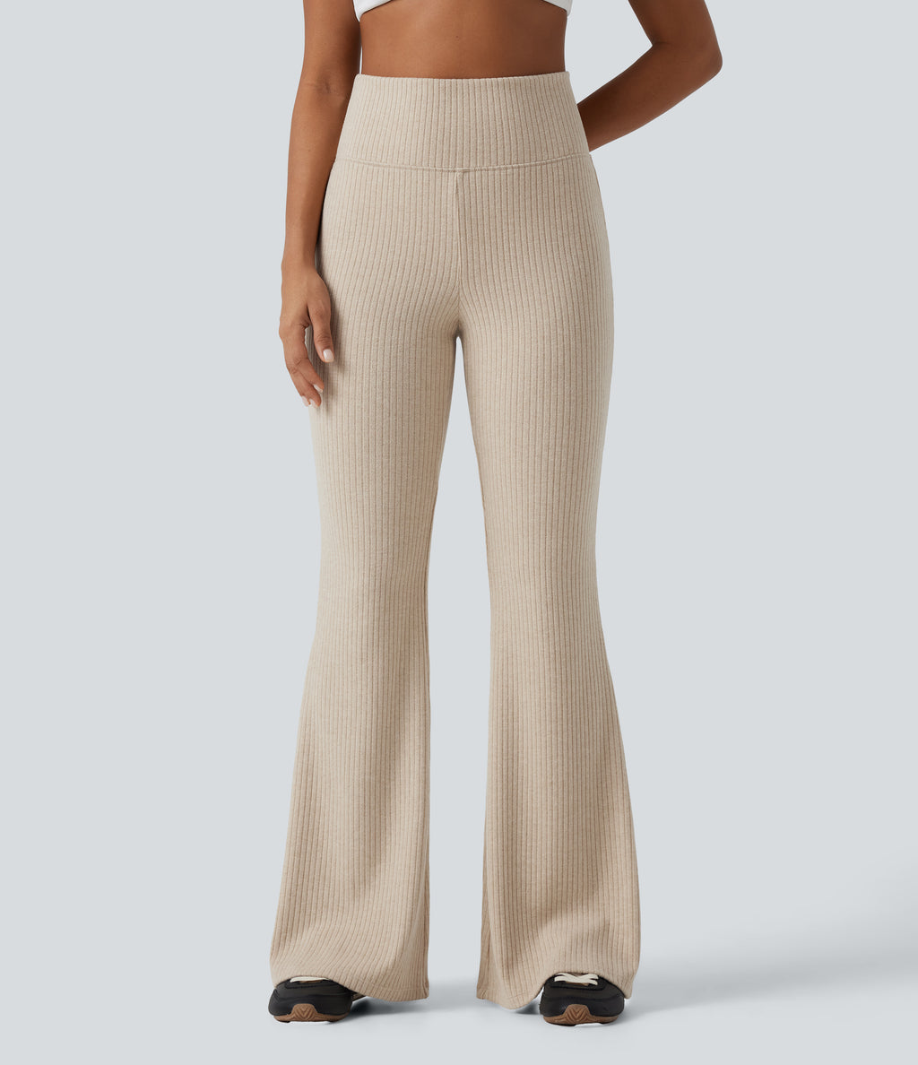 Ribbed Knit Low Rise Foldover Flare Casual Trousers with Pockets — Fog — view 4