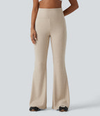 Ribbed Knit Low Rise Foldover Flare Casual Trousers with Pockets — Fog — view 4