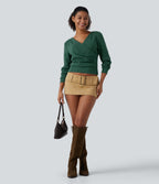 V Neck Long Sleeve Crossover Ruched Yoga Sweatshirt — Deep Fir Green — view 6