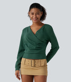 V Neck Long Sleeve Crossover Ruched Yoga Sweatshirt — Deep Fir Green — view 4