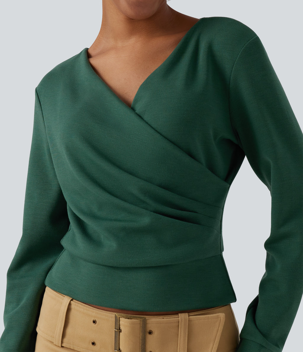 V Neck Long Sleeve Crossover Ruched Yoga Sweatshirt — Deep Fir Green — view 5