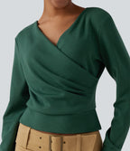 V Neck Long Sleeve Crossover Ruched Yoga Sweatshirt — Deep Fir Green — view 5