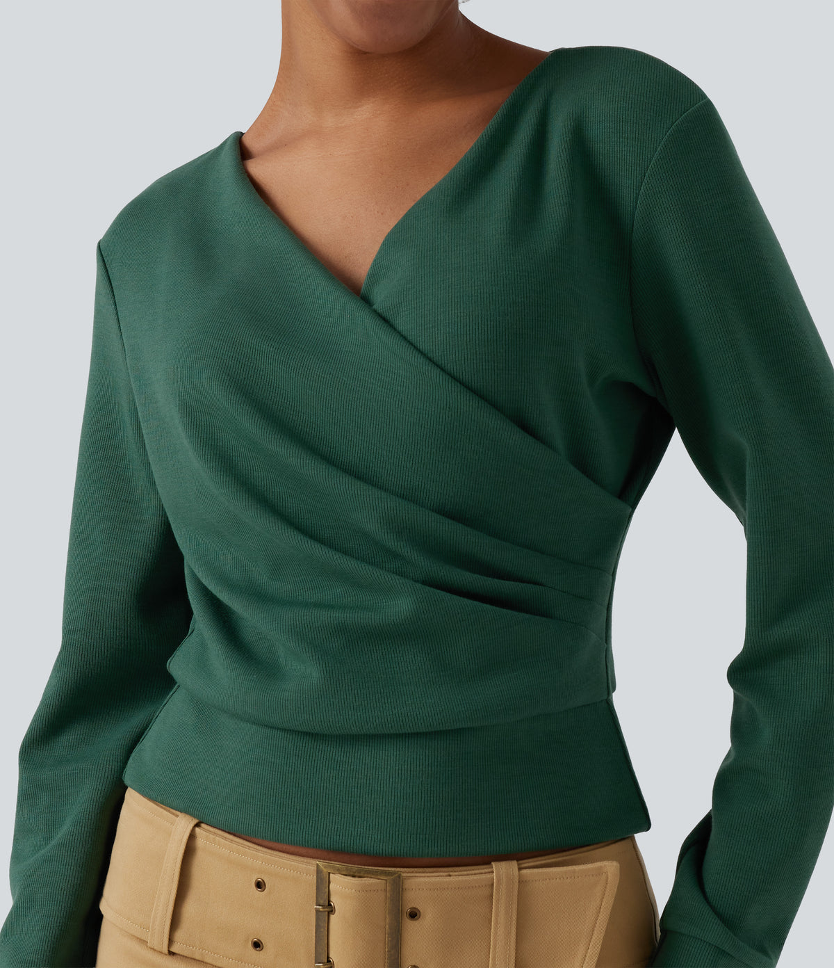 V Neck Long Sleeve Crossover Ruched Yoga Sweatshirt — Deep Fir Green — view 5