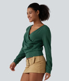 V Neck Long Sleeve Crossover Ruched Yoga Sweatshirt — Deep Fir Green — view 3