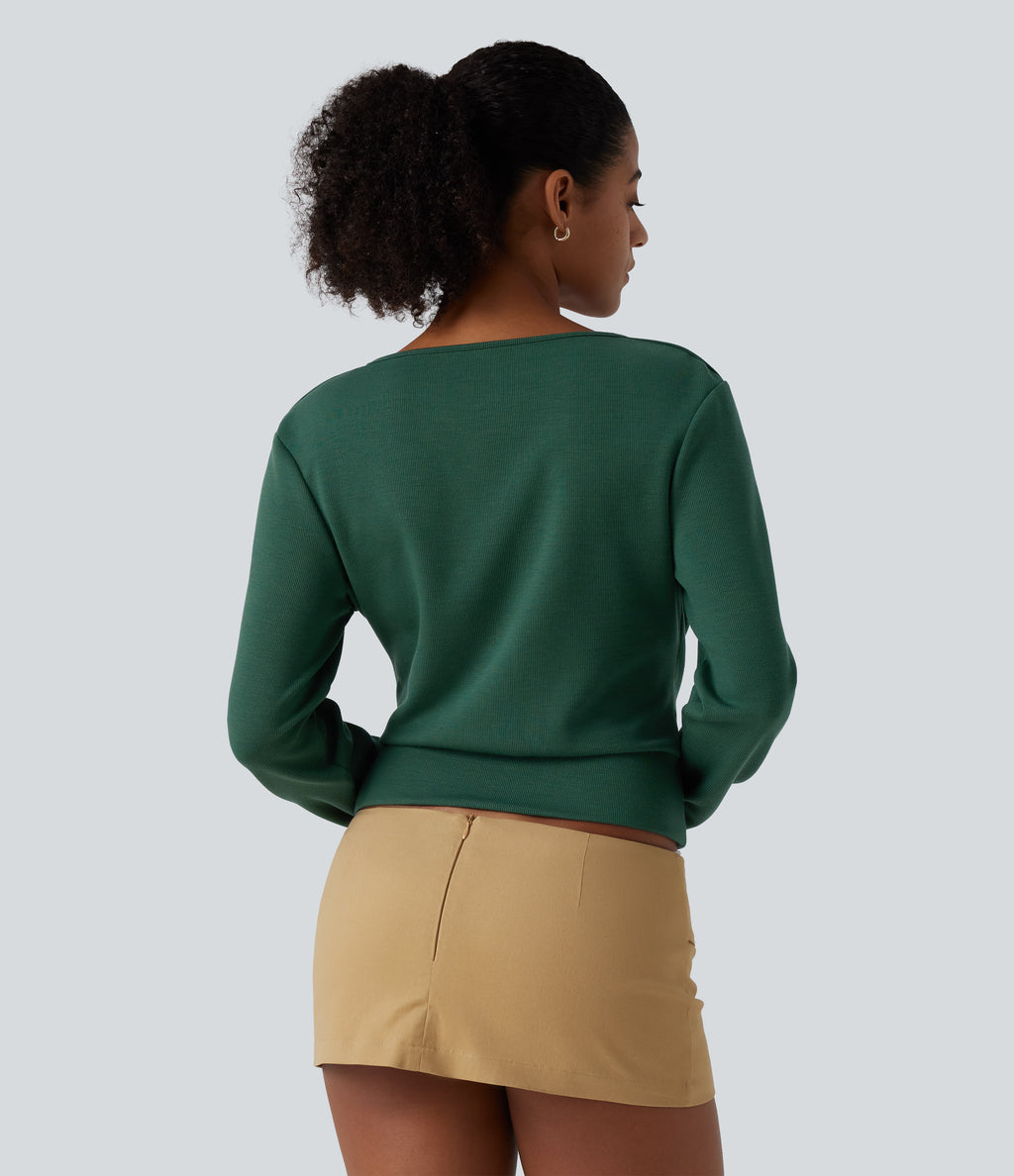 V Neck Long Sleeve Crossover Ruched Yoga Sweatshirt — Deep Fir Green — view 2