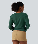 V Neck Long Sleeve Crossover Ruched Yoga Sweatshirt — Deep Fir Green — view 2