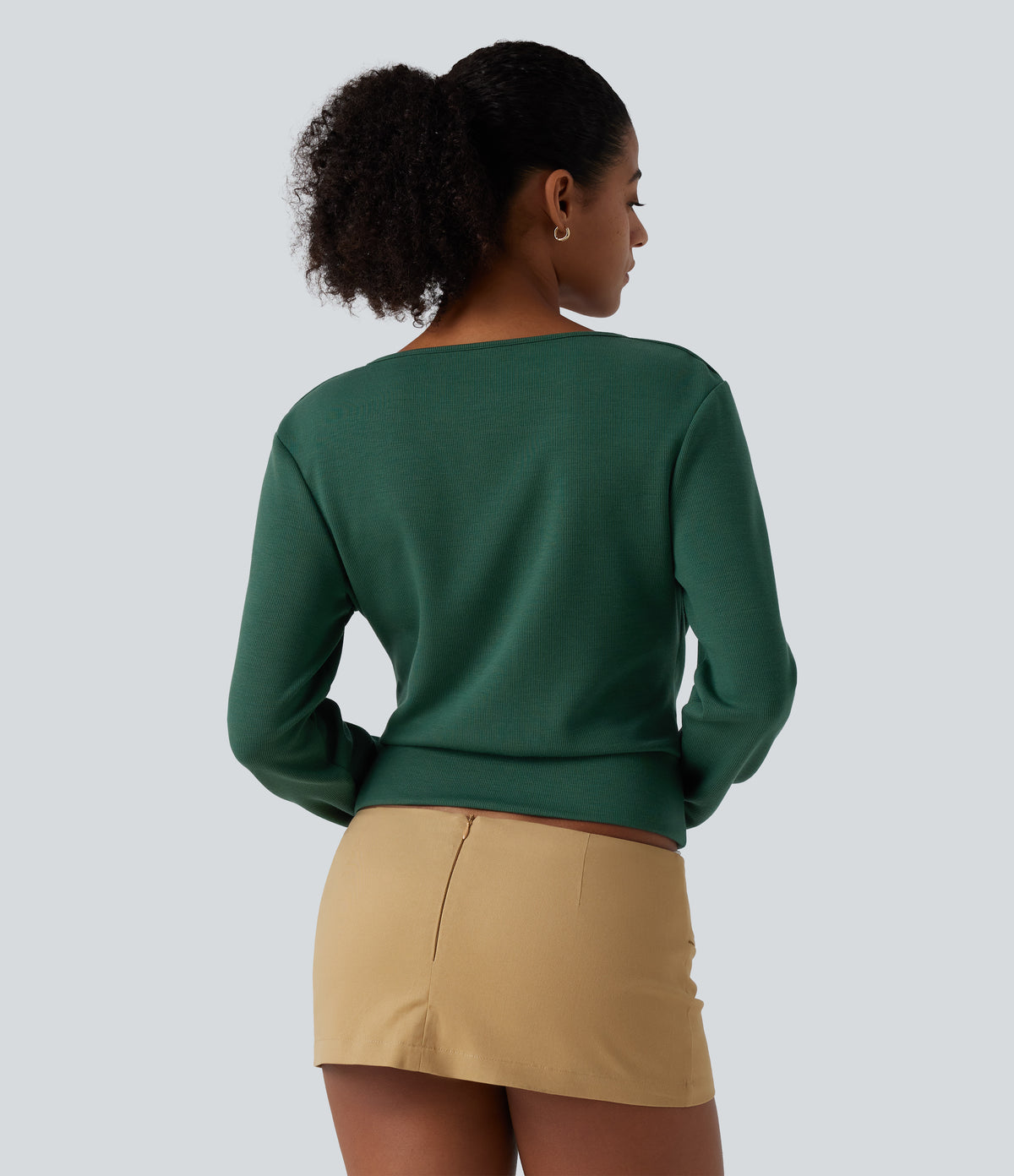 V Neck Long Sleeve Crossover Ruched Yoga Sweatshirt — Deep Fir Green — view 2