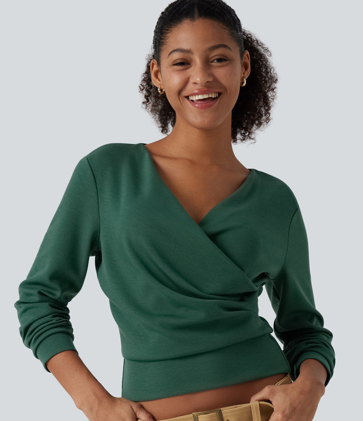 V Neck Long Sleeve Crossover Ruched Yoga Sweatshirt — Deep Fir Green — view 1