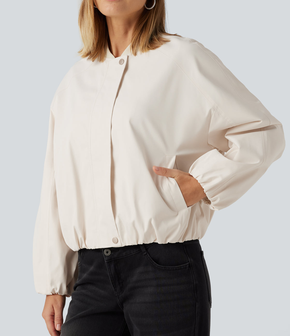 Round Neck Long Sleeve Casual Bomber Jacket with Pockets — Rice Khaki — view 7