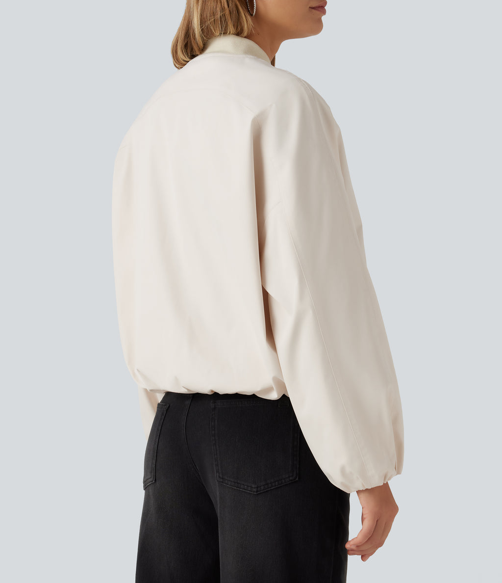 Round Neck Long Sleeve Casual Bomber Jacket with Pockets — Rice Khaki — view 6