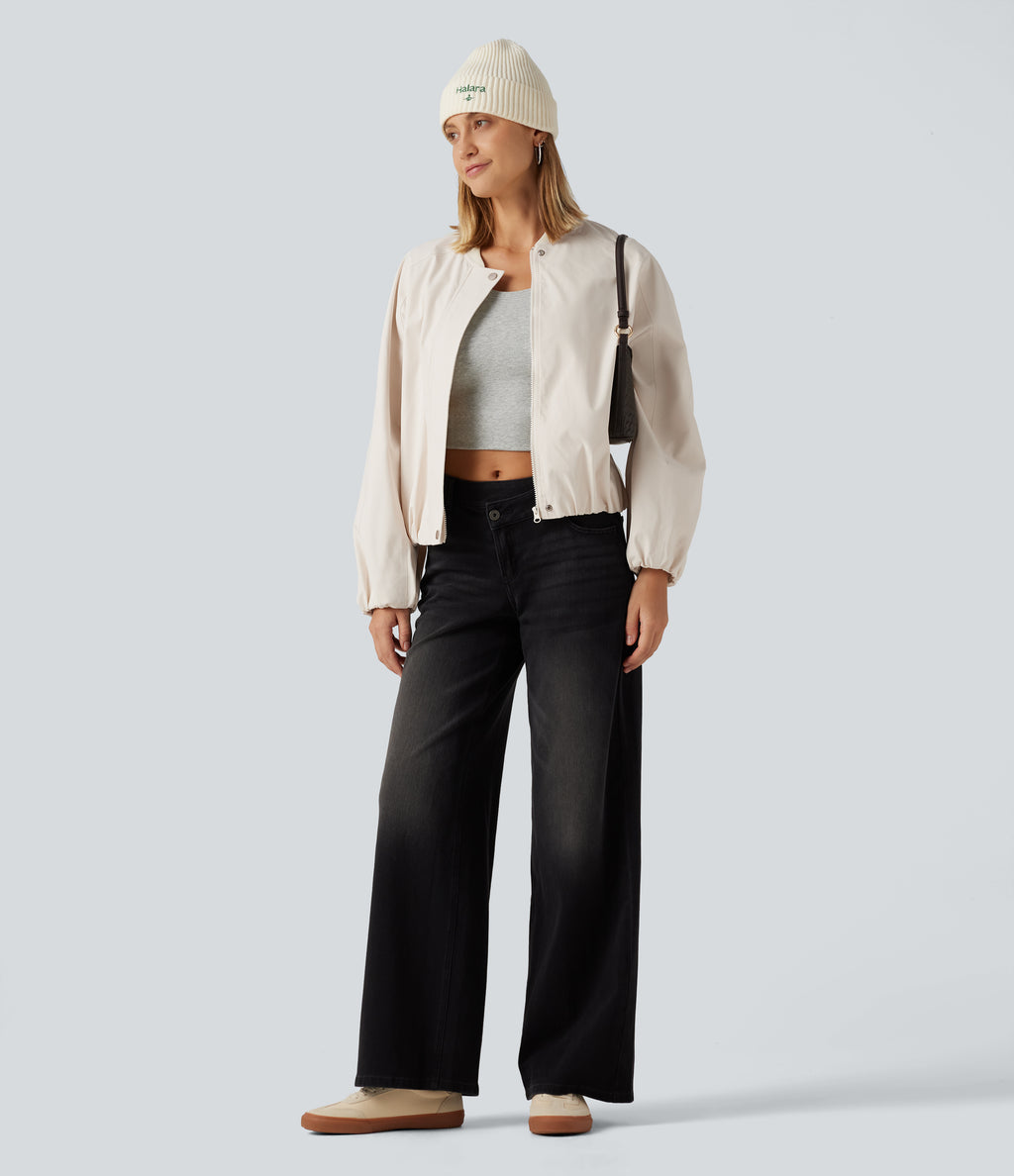 Round Neck Long Sleeve Casual Bomber Jacket with Pockets — Rice Khaki — view 8