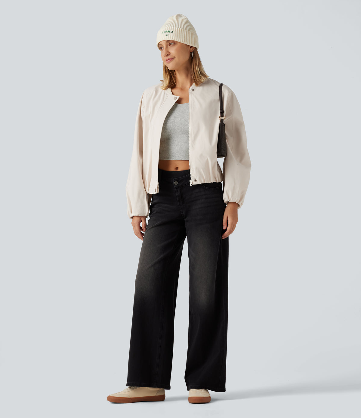 Round Neck Long Sleeve Casual Bomber Jacket with Pockets — Rice Khaki — view 8