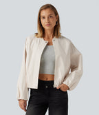 Round Neck Long Sleeve Casual Bomber Jacket with Pockets — Rice Khaki — view 5